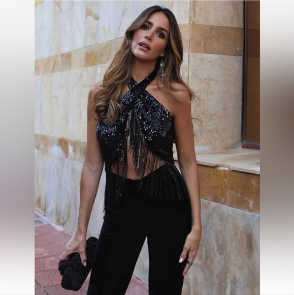 ❌️SOLD❌️FRINGED SEQUIN HALTER NECK JUMPSUIT SIZE S - Picture 2 of 11